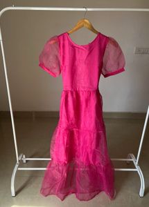 Fuchsia Pink Tiered Puff Sleeves Midi Dress
