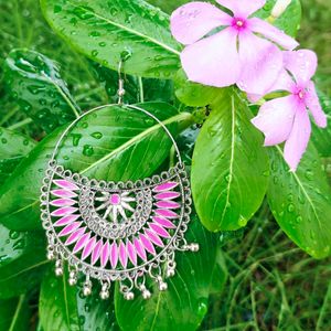 2 White And Pink Silver Bohemian Hoop Earrings
