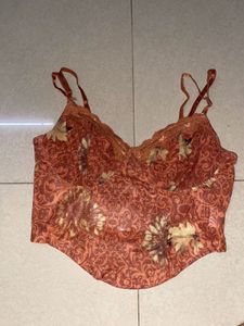 Vintage Floral Print Lace Trim Bra