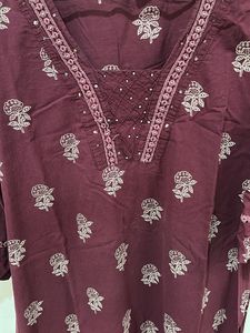 Maroon Printed Kurta with Embellished Neckline