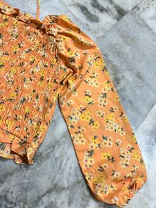 Orange Floral Smocked Puff Sleeve Top