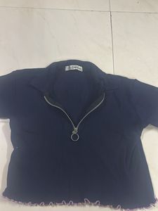 Navy Blue Zip Up Crop Top
