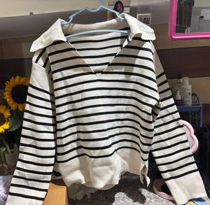 Striped Knit Sweater with Collar