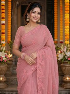 Elegant Pink Embroidered Saree