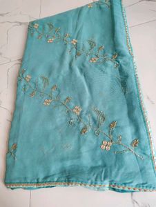 Beautiful Teal Saree with Gold Embroidery