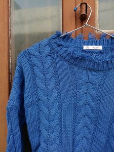 Fancy sleeves korean Blue Cable Knit Sweater
