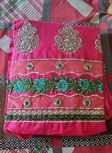 Pink Embroidered suit with Green Floral Motifs