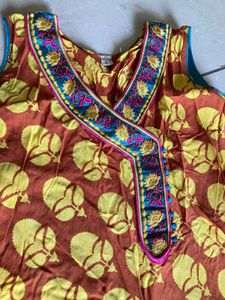 Brown & Yellow Embroidered Kurta