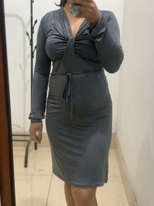 Grey Twist Front Midi Dress