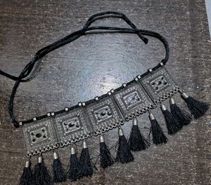 Oxidized Silver Choker with Black Tassels