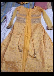 Elegant Yellow Embroidered Gaown Set with koti