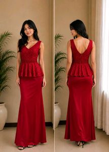 Korean Elegant Red Lace Peplum Gown