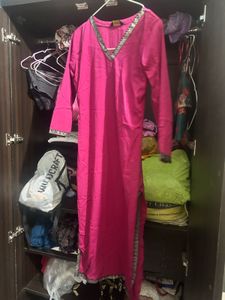 Vibrant Pink Kurta Set with Embellished Neckline