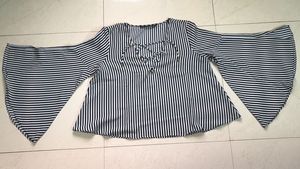 Striped Bell Sleeve Top with Lace-Up Neck