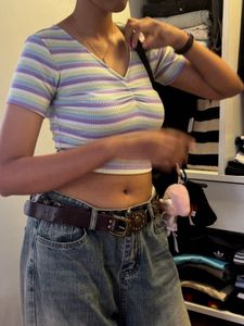 Striped Ruched V-Neck Crop Top