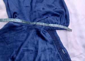 satin Navy Blue Square Neck Puff Sleeve Top