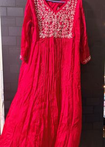 Red satin white sequience  A-line dress