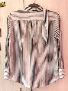 Navy Blue Striped Tie Neck Blouse