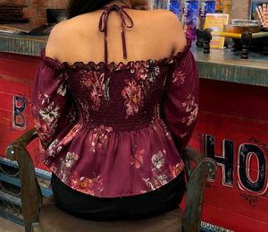 Maroon Floral Off-Shoulder Smocked Top