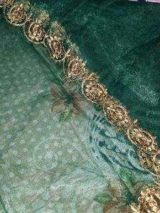 Green Floral Dupatta with Gold Border