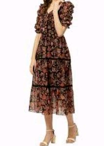 Quality Black&amp;Rust Orange Floral Print Tiered Midi