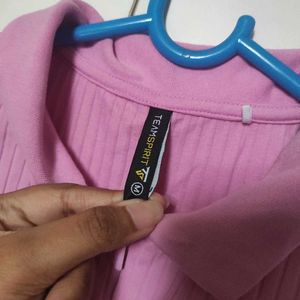 Pink Ribbed Cropped Polo Shirt