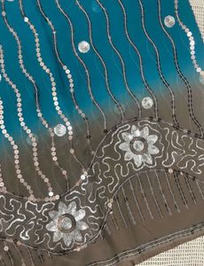 Elegant Embellished Saree - Teal and Brown