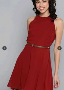 Elegant Red Halter Neck Dress(belt is not included