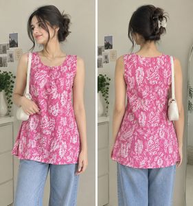 Flowy Pink Leaf Print Sleeveless Top