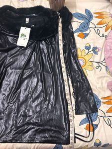 Black Faux Sexy Leather Dress with Fur Trim