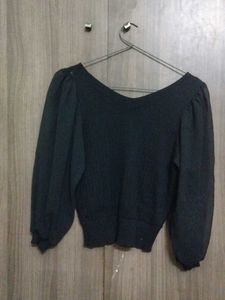 Women's Black Ribbed Puff Sleeve Crop Top
