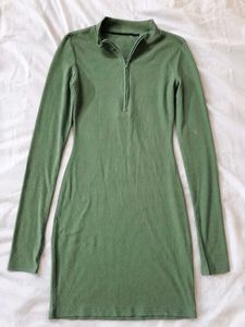 Green Zip Neck Bodycon Dress