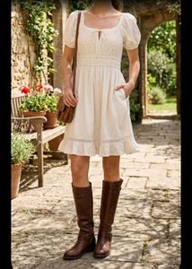 Cream Lace Puff Sleeve Dress