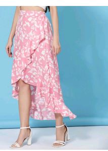 Chic Pink Floral Wrap Skirt with Ruffle Detail