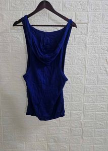 Blue Sleeveless Hooded Cardigan
