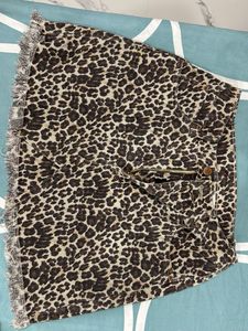 Leopard Print Fringed Denim Skirt