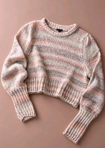 BLUSH PINK & GREY MARLED KNIT CROPPED SWEATER