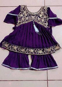 Kids Purple Embroidered Sharara Suit