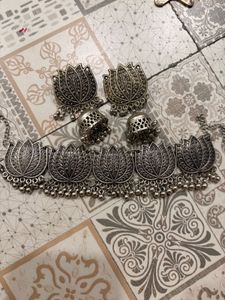 Oxidized Silver Lotus Choker Set