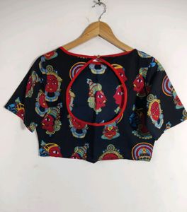 Desi Weavess Black  Kalamkari Print Short Sleeves Crop Tops (Women's)