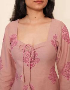 Pink Block Print Tie-Neck Kurta