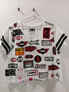 White Cropped T-Shirt with Graphic Patches