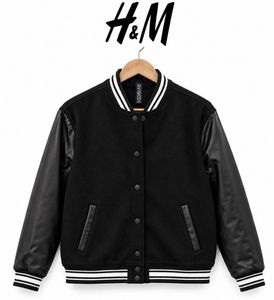 Black Varsity Bomber Jacket with Faux Leather Slee