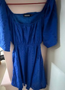 SASSAFRAS Blue Square Neck Fit and Flare Dress