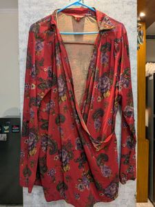 Vibrant Floral Wrap Top Net Material Plus Size