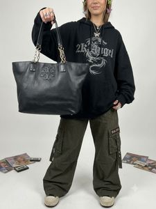 Authentic Tory Burch Black Leather Chain Tote