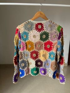 Multicoloured Floral Hand-Knit Crochet Cardigan