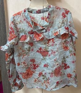 Light Blue Floral Print Ruffle Blouse