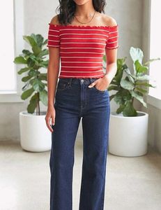 Red stripped off shoulder Ribbed top