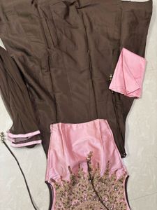 Pastel Pink &amp; Coffee Brown Indo-Western Festive Ou